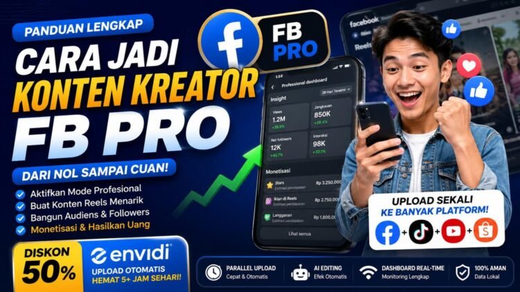 Ilustrasi cara jadi konten kreator FB Pro dengan monetisasi Facebook Reels dan upload otomatis multi platform menggunakan Envidi
