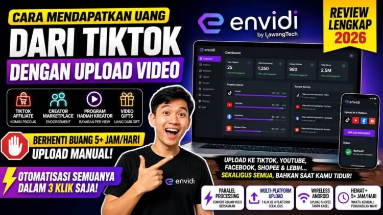 cara mendapatkan uang dari tiktok dengan upload video menggunakan envidi otomatis multi platform. envidi indonesia, cara dapat uang dari tiktok, upload video otomatis, tiktok affiliate, tools content creator, aplikasi auto posting, multi platform video uploader, strategi fyp tiktok, review envidi, lawangtech