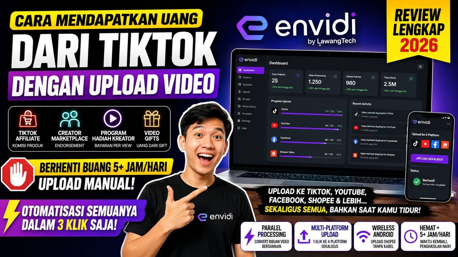 cara mendapatkan uang dari tiktok dengan upload video menggunakan envidi otomatis multi platform. envidi indonesia, cara dapat uang dari tiktok, upload video otomatis, tiktok affiliate, tools content creator, aplikasi auto posting, multi platform video uploader, strategi fyp tiktok, review envidi, lawangtech