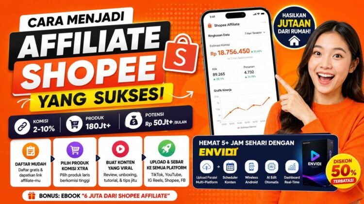Ilustrasi cara menjadi affiliate Shopee yang sukses dengan potensi penghasilan jutaan rupiah per bulan melalui konten dan strategi digital marketing. affiliate shopee, cara menjadi affiliate shopee, shopee affiliate indonesia, bisnis online shopee, penghasilan shopee affiliate, strategi affiliate marketing, konten tiktok affiliate, youtube shorts affiliate, instagram reels marketing, komisi shopee, produk komisi xtra, affiliate marketing pemula, cara menghasilkan uang online, kerja dari rumah, passive income indonesia, tools affiliate, envidi automation, upload video multi platform, digital marketing indonesia, peluang bisnis online