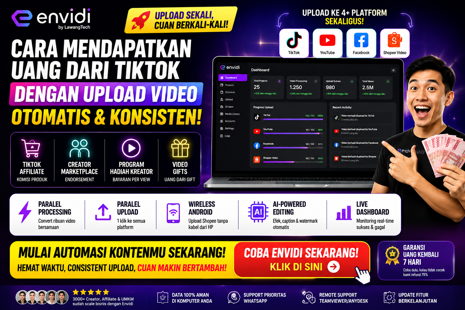 aplikasi envidi untuk upload video otomatis tiktok youtube facebook shopee untuk menghasilkan uang online. envidi indonesia, aplikasi auto upload video, tiktok affiliate indonesia, cara dapat uang dari tiktok, tools content creator, multi platform uploader, upload video otomatis, strategi konten tiktok, software affiliate marketing, lawangtech