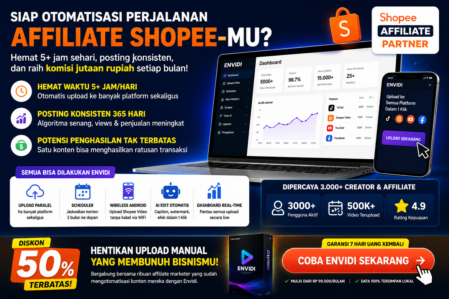 Banner call to action Envidi untuk otomatisasi upload video affiliate Shopee ke multi platform agar hemat waktu dan meningkatkan penjualan. envidi, affiliate shopee automation, otomatisasi affiliate, tools affiliate indonesia, upload video otomatis, shopee affiliate tools, tiktok affiliate automation, youtube shorts automation, facebook video automation, multi platform upload, scheduler konten, ai editing video, bisnis online otomatis, cara hemat waktu affiliate, meningkatkan penjualan shopee, strategi affiliate marketing, passive income indonesia, kerja online dari rumah, software affiliate marketing, konten viral otomatis, digital marketing tools indonesia