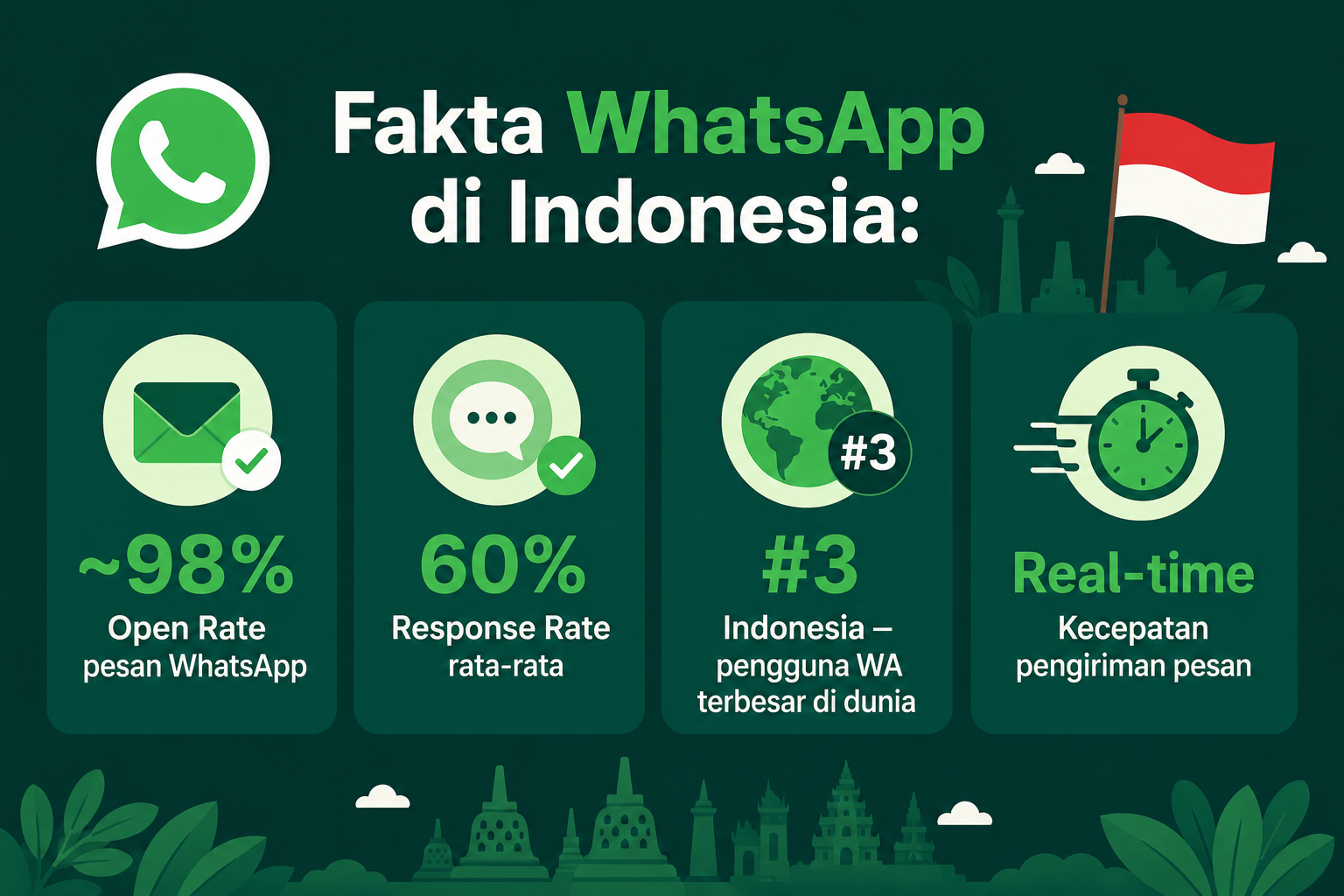 Ilustrasi flat design fakta WhatsApp di Indonesia dengan data open rate 98 persen, response rate 60 persen, Indonesia pengguna WhatsApp terbesar ketiga di dunia, dan pengiriman pesan real-time.