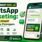 Featured image WhatsApp Marketing 2026 dengan ilustrasi smartphone, blast WhatsApp, auto reply, dan tools WAStorm